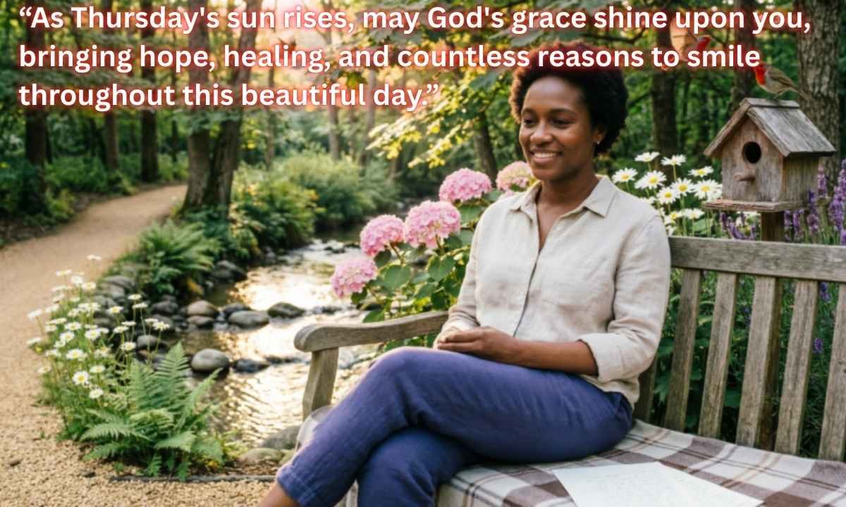 African American Saturday Morning Blessings Image: As Thursday's sun rises, may God's grace shine upon you, bringing hope, healing, and countless reasons to smile throughout this beautiful day.