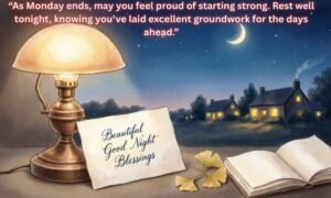 Beautiful Good Night Blessings: As Monday ends, may you feel proud of starting strong. Rest well tonight, knowing you've laid excellent groundwork for the days ahead.