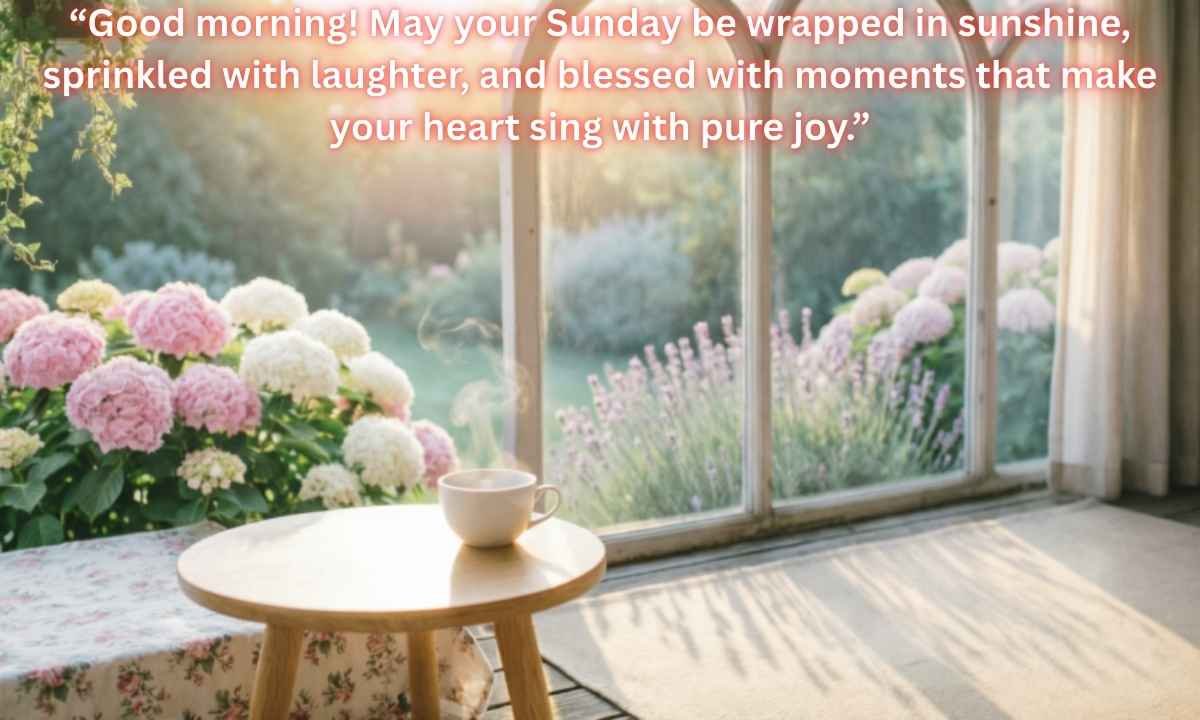 Beautiful Sunday Blessings Image: Good morning! May your Sunday be wrapped in sunshine, sprinkled with laughter, and blessed with moments that make your heart sing with pure joy.