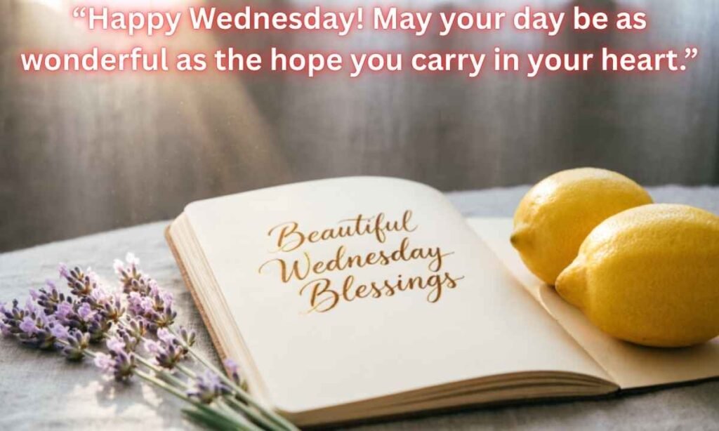 Beautiful Wednesday Blessings Image: “Happy Wednesday! May your day be as wonderful as the hope you carry in your heart.”
