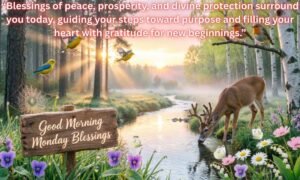 Good Morning Monday Blessings Image: Blessings of peace, prosperity, and divine protection surround you today, guiding your steps toward purpose and filling your heart with gratitude for new beginnings.