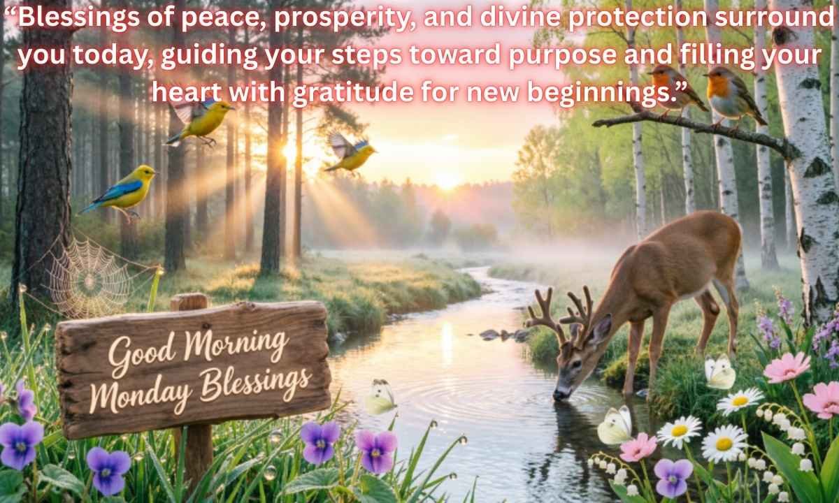 Good Morning Monday Blessings Image: Blessings of peace, prosperity, and divine protection surround you today, guiding your steps toward purpose and filling your heart with gratitude for new beginnings.