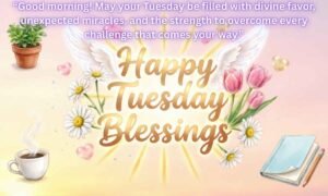 Happy Tuesday Blessings image: Good morning! May your Tuesday be filled with divine favor, unexpected miracles, and the strength to overcome every challenge that comes your way.
