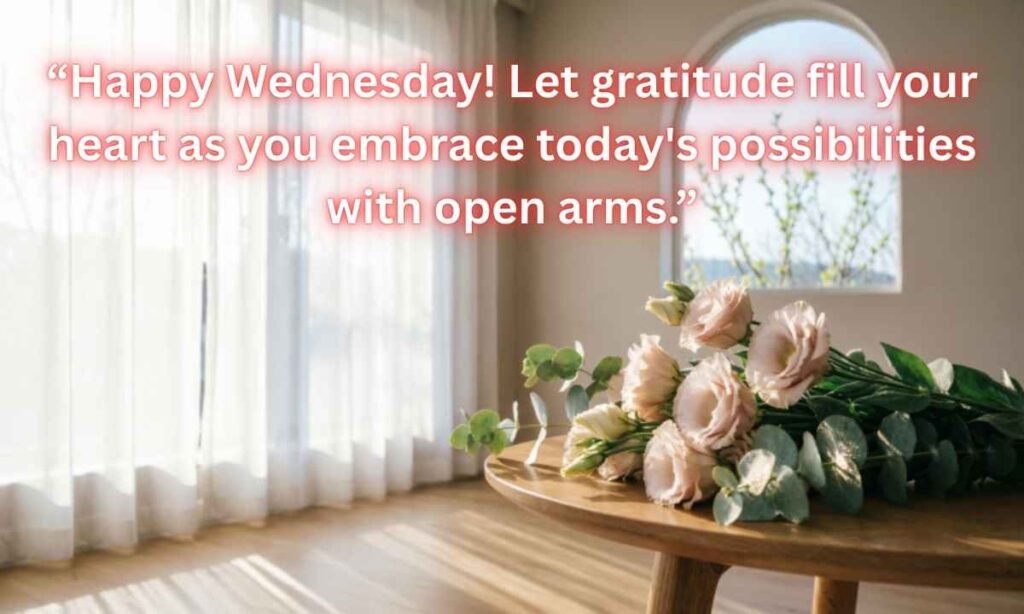 Happy Wednesday Blessings Image:
“Happy Wednesday! Let gratitude fill your heart as you embrace today's possibilities with open arms.”
