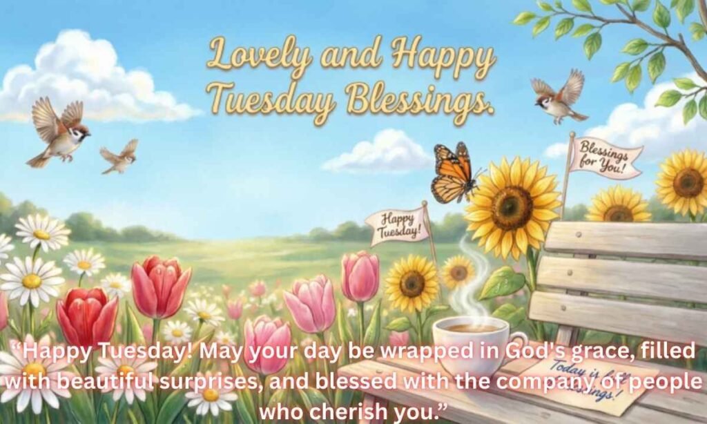 Lovely and Happy Tuesday Blessings image:
Happy Tuesday! May your day be wrapped in God's grace, filled with beautiful surprises, and blessed with the company of people who cherish you.