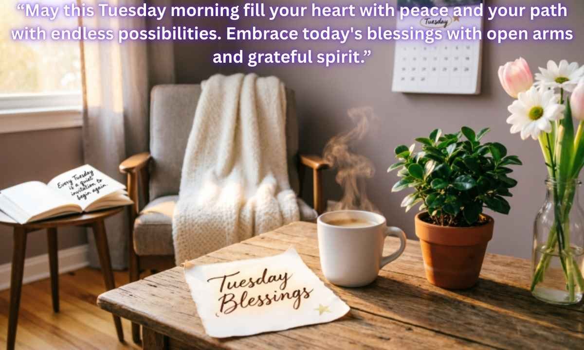 Tuesday blessings: “May this Tuesday morning fill your heart with peace and your path with endless possibilities. Embrace today's blessings with open arms and grateful spirit.”