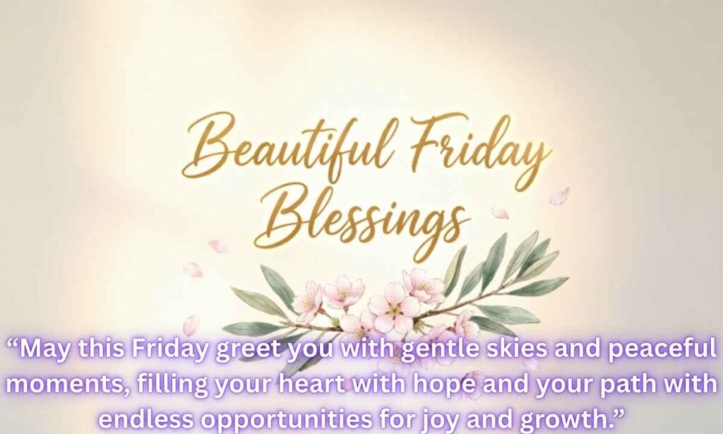 Beautiful Friday Blessings Image: “May this Friday greet you with gentle skies and peaceful moments, filling your heart with hope and your path with endless opportunities for joy and growth.”
