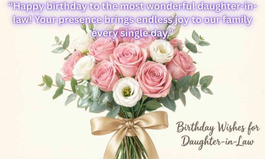 Birthday Wishes for Daughter-in-Law Image:
Happy birthday to the most wonderful daughter-in-law! Your presence brings endless joy to our family every single day.