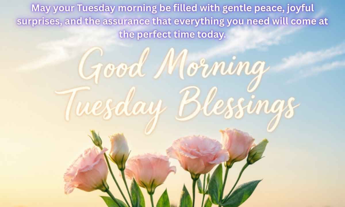 Good Morning Tuesday Blessings Image: May your Tuesday morning be filled with gentle peace, joyful surprises, and the assurance that everything you need will come at the perfect time today.