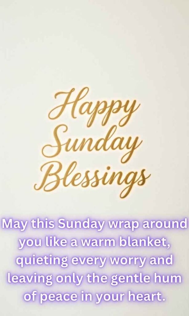 Happy Sunday Blessings Image:
May this Sunday wrap around you like a warm blanket, quieting every worry and leaving only the gentle hum of peace in your heart.